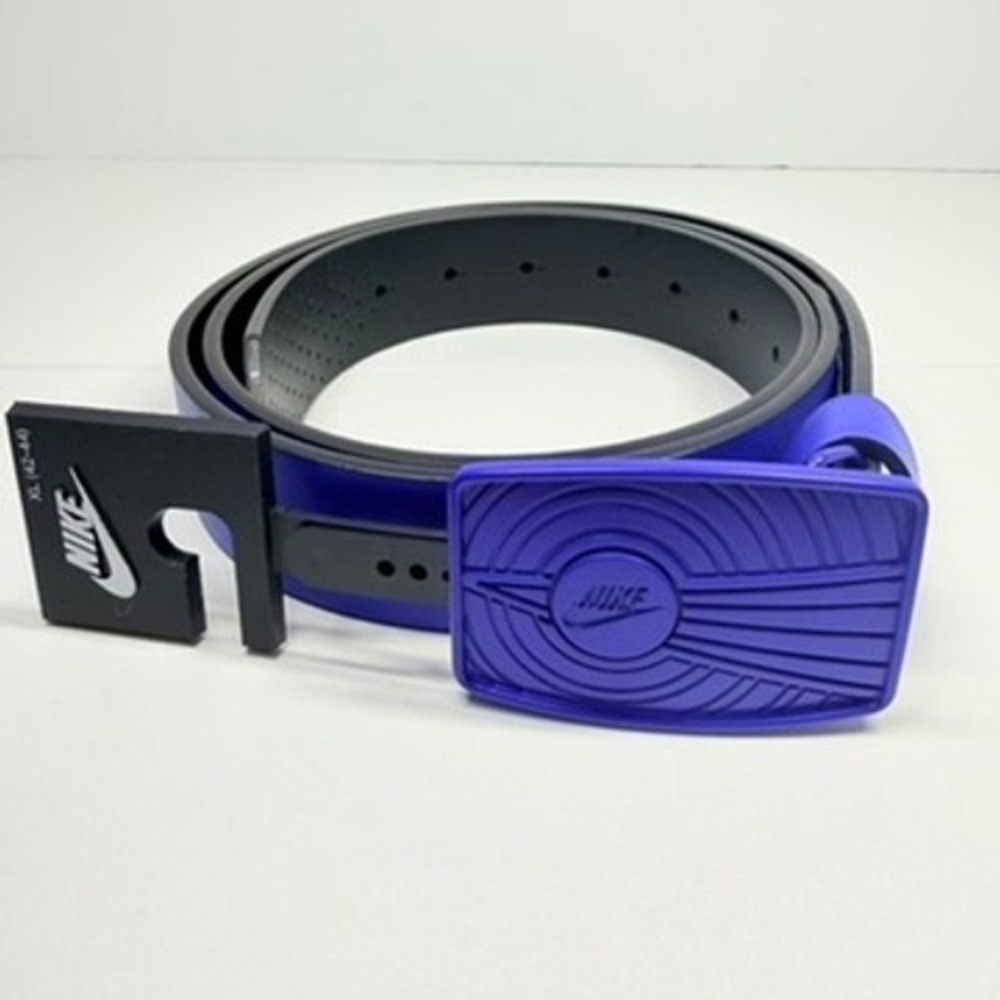 Nike Golf Belt Mens Medium Blue Trophy Plaque Buckle Leather G-Flex 34-36